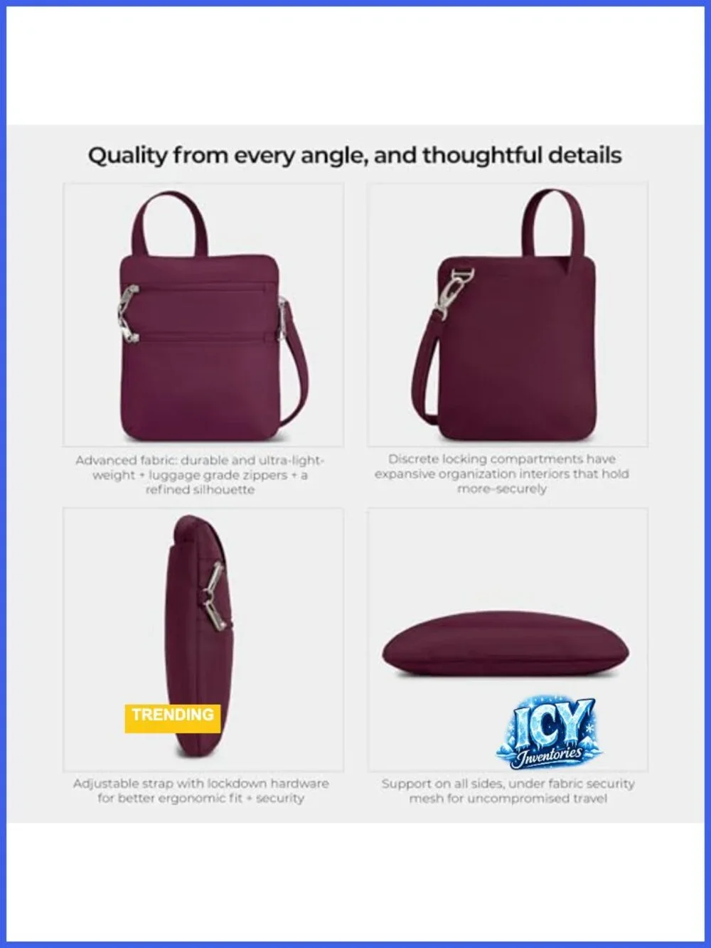 Travelon Anti-theft Classic Slim Double Zip Crossbody Bag RFID Blocking Slash